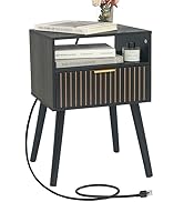 Black Nightstand with Charging Station, Mid Century Modern Bedside Table with Open Shelf and Stor...