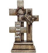 Triple Standing Cross with God Bless Our Family, Praying Hands, Nails and Crown of Thorns Rustic ...