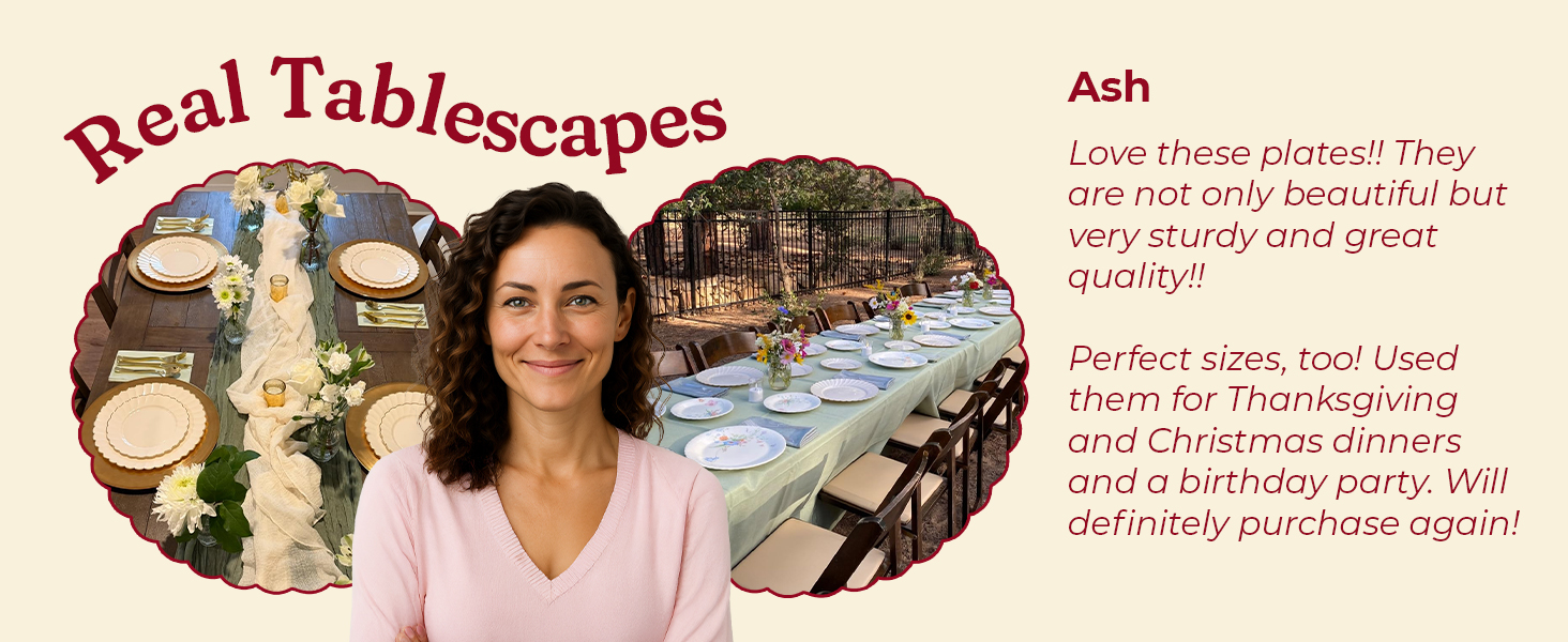 Ivory Scalloped Plastic Plates with Gold Trim customer testimonial and real tablescapes