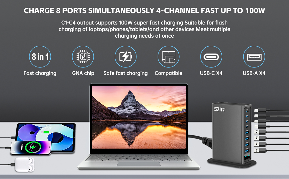 8 Ports GaN Fast Charging Station Hub