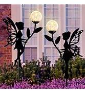 Ouddy Decor 2 Pack Solar Fairy Garden Decor, Metal Fairy Statues with Crackle Glass Globe Solar G...