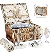 Willow Picnic Basket Set for 2 Persons with Large Insulated Cooler Bag and Waterproof Picnic Blan...