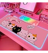Pink Kawaii Cat RGB Gaming Mouse Pad 31.5x12 Inch PC XL Large Extended Glowing Led Light Up Cool ...