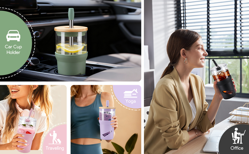 Glass Tumbler with Lids and Straws, 20 oz Iced Coffee Cup and Smoothie Cup