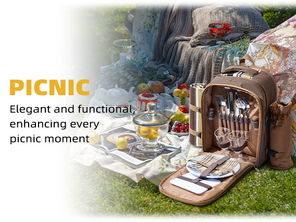 Picnic Backpack Bag Cooler Compartment Detachable Bottle Wine Holder Fleece Blanket Plates Cutlery