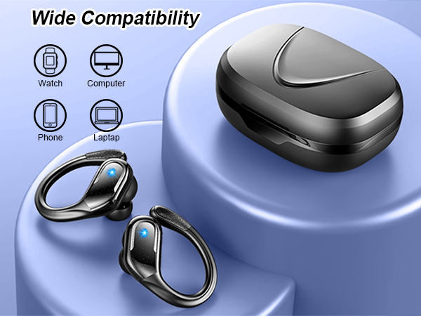 Black wireless earbuds with charging case, showing compatibility icons for watch, computer, phone, and laptop. Earbuds feature hook-style design with blue accents.