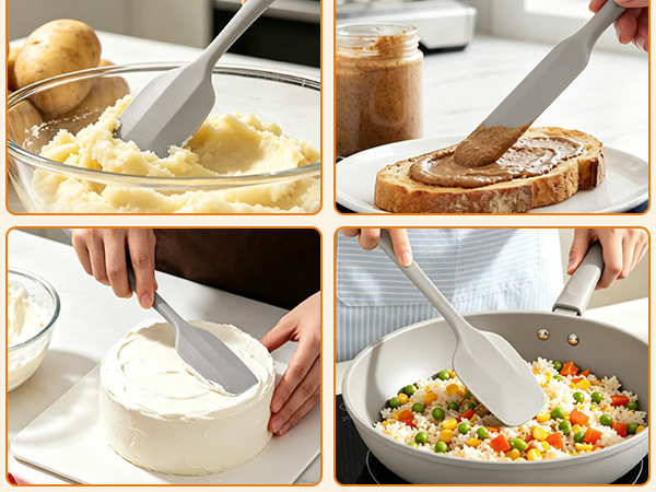 Silicone spatula spreads toast frosting, cakes, and stirs fried rice