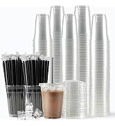 WUHUIXOZ [200 Sets - 12oz] Plastic Cups with Lids and Straws, Disposable Cups for Iced Coffee, Sm...