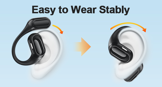 Text reads 'Easy to Wear Stably'. Diagram showing ear hook design with directional arrows indicating adjustment movement on white ear silhouette.