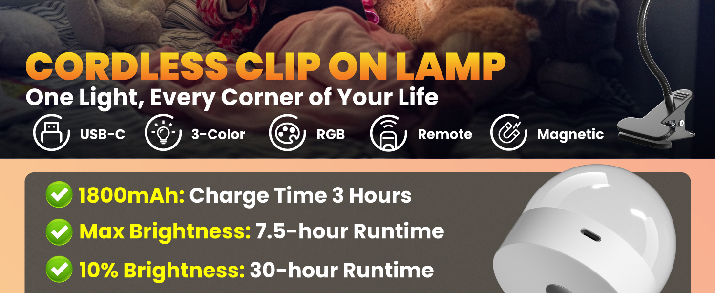 Rechargeable Reading Light Clip on Bed Cordless Desk Lamp Flexible Clip Light Kids Bedroom Camping