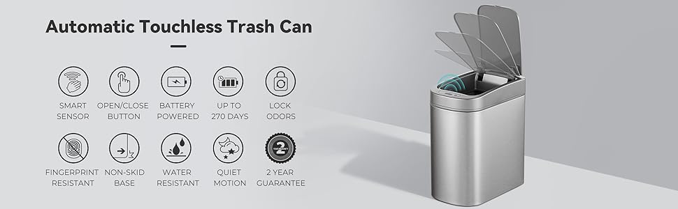 Ninestars Automatic Motion Sensor Bathroom Trash Can, 1.8 Gallon Smart Opening Garbage Bin Bathroom