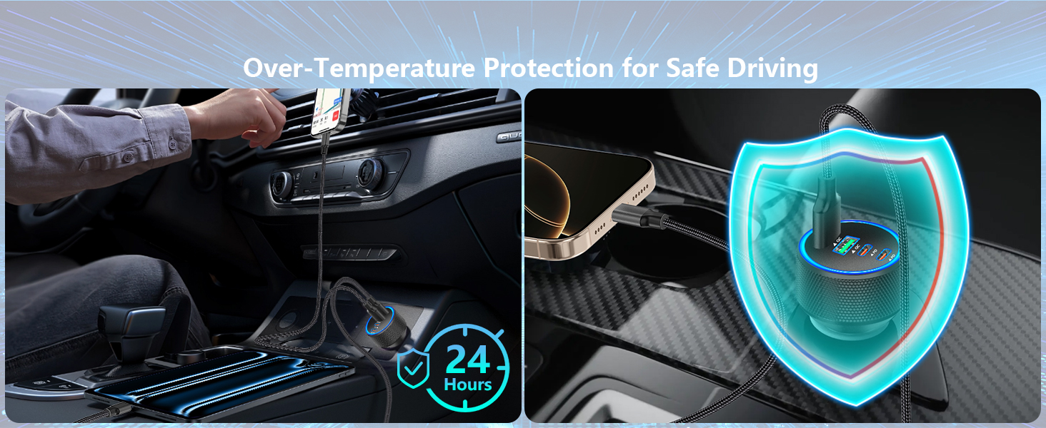 MFi Certified 4-Port 90W USB-C/USB-A Power Cigarette Lighter PD/QC USB-C Car Charger for iPhone 16