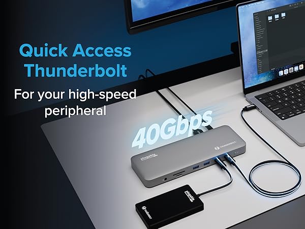 Laptop and external SSD connected to a plugable docking station with “40 Gbps” text overlay