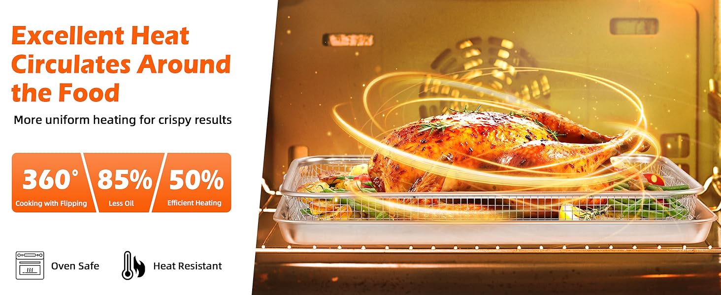 Elevated air fryer rack allows heat circulate around the food for 360° even heating