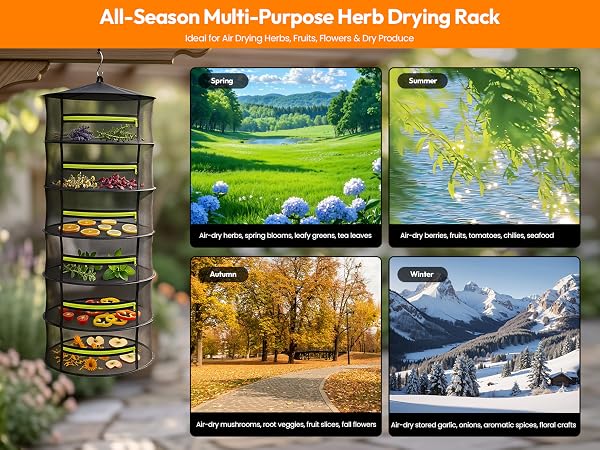 4-season hanging mesh dryer for fruits, flowers and multiple drying uses