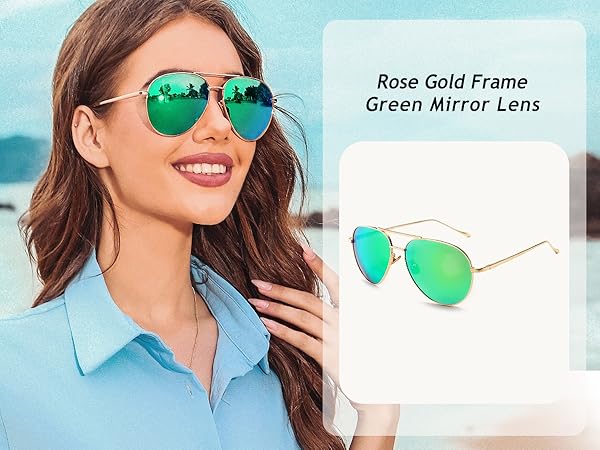 A stylish and elegant lady wearing green mirror lens aviator sunglasses