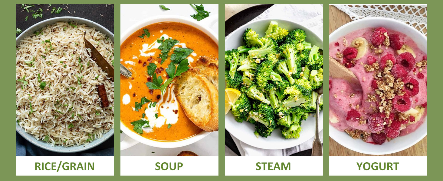 Perfect rice, soups &amp; probiotics. Presets: Grain, Soup, Steam, Yogurt.