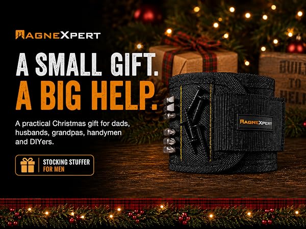 magnetic wristband beside a Christmas stocking as a practical stocking stuffer gift for men.