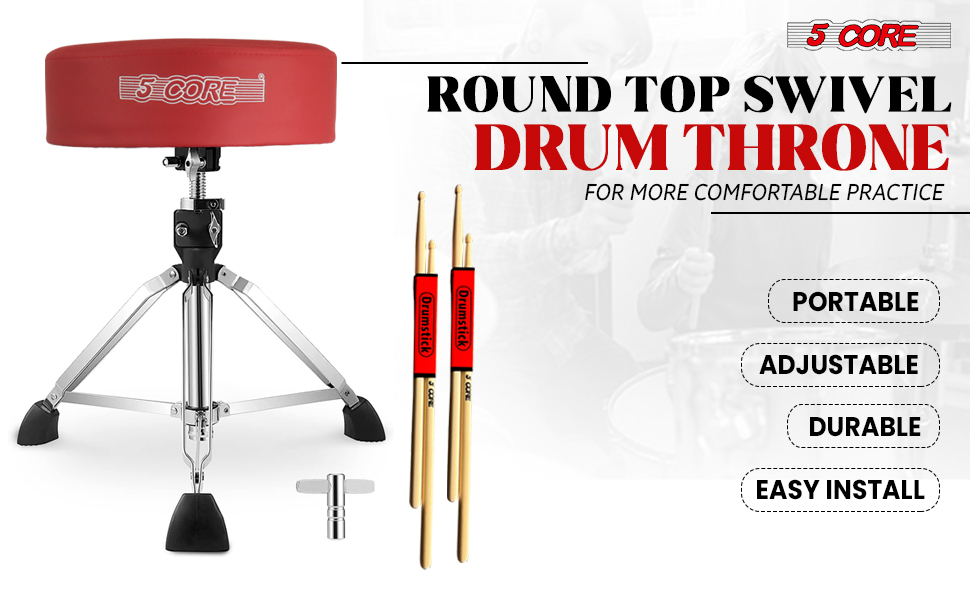 Professional Drum Throne, Seat Swivel Height Adjustable Chair Heavy Duty Stool for Drummer