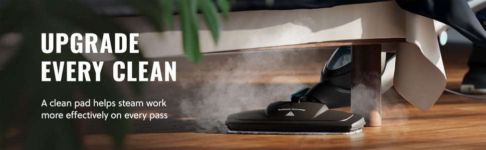 Text reads: 'UPGRADE EVERY CLEAN'. Close-up product shot with steam or mist effect in dark setting.