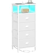sthmec Nightstand with Charging Station,LED White Nightstand with 4 Fabric Drawers PU Finish, Bed...
