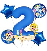 PartyWoo Baby Shark Blue Foil Number 2 Balloon 5pcs 40 18 Inch Blue Round Star Mylar Helium Birth...