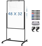 maxtek Mobile Clear Glass Whiteboard, 48x32 Inches Large Dry Erase Board on Wheels, Height Adjust...