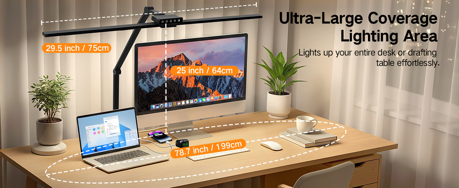 Text reads 'Ultra-Large Coverage Lighting Area'. Modern desk setup with monitor, LED light bar, plants, and workspace accessories.