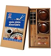 LANHUTHS Premium Wooden Chopsticks &amp; Soy Sauce Dishes Set of 2 Gift Package Original Wooden Mater...