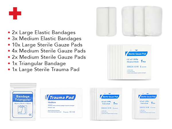Premium bandages and dressings included in our car emergency kit for treating various injuries