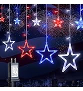 MYGOTO 4th of July Patriotic Star Icicle Lights,8.2ft 126LED red White and Blue Curtain String Wa...