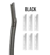 Text reads 'BLACK'. Black textured handle or grip shown alongside six light-colored replacement blades or attachments arranged in two rows.