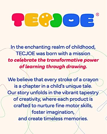 Colorful logo 'TECJOE' with text describing a brand focused on children's learning through drawing, emphasizing creativity and motor skill development.