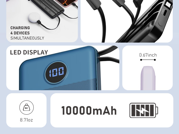 Digital Display, Ultra-Lightweight Portable Charger with Built in Cables