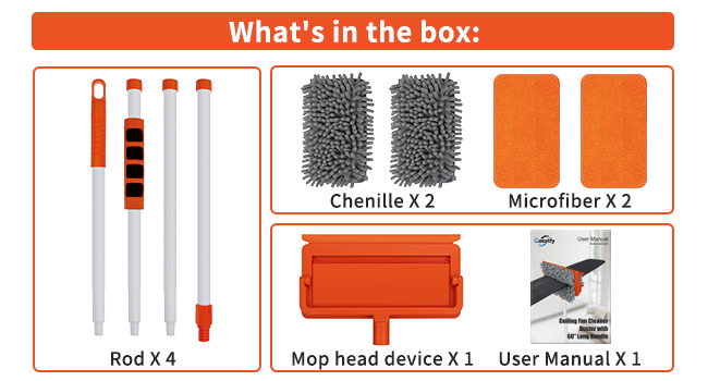what is in the box? Rod X 4, chenille X 2, microfiber X 2, mop head device X 1, user manual X 1