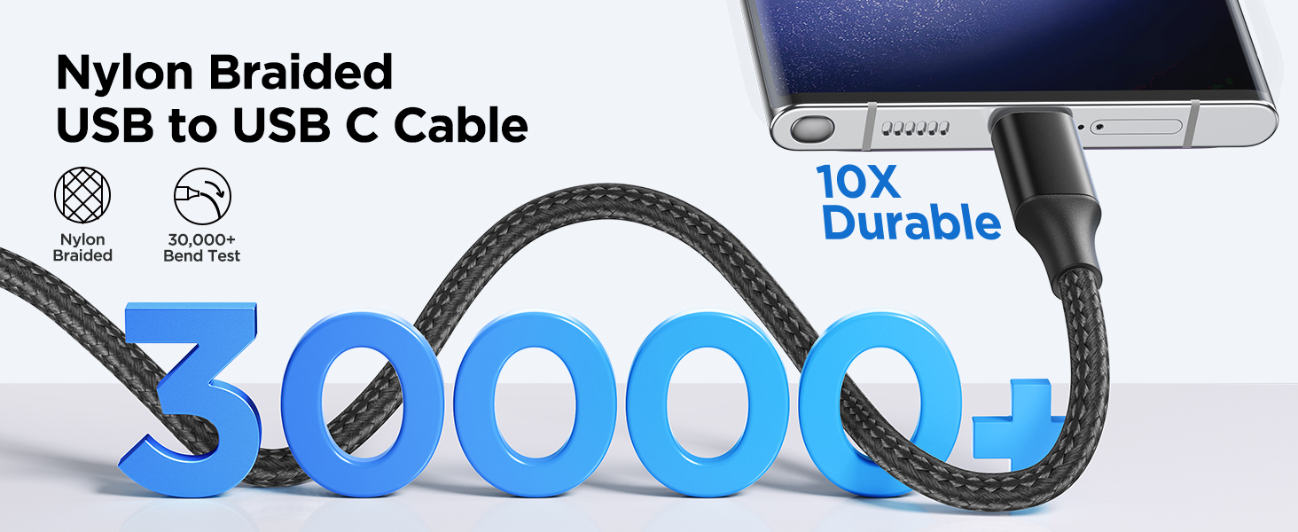 Nylon braided USB to USB-C cable with 30000+ bend lifespan. Features include tangle-free design and 10X durability. Cable shown connecting to a smartphone.
