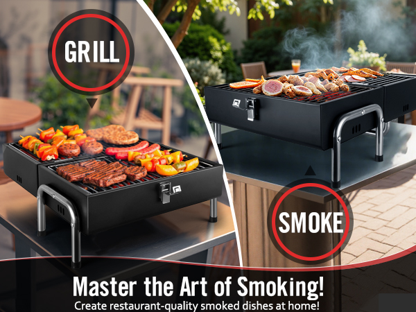 Portable black charcoal grill shown in two states: actively grilling meat on left, smoking meat with visible smoke on right. Features metal handles and compact design.