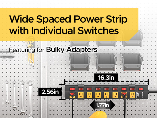 garage power strip with switches, heavy duty power strip, long power strip
