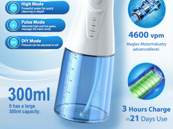 Electronic device features diagram showing 300ml capacity, 4600 VPM motor, and 3-hour charge lasting 21 days, with blue interface elements.