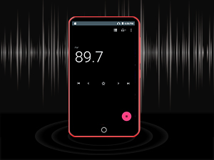 Smartphone display showing digital number 89.7 on a black background with audio wave patterns, suggesting an audio or radio application interface.
