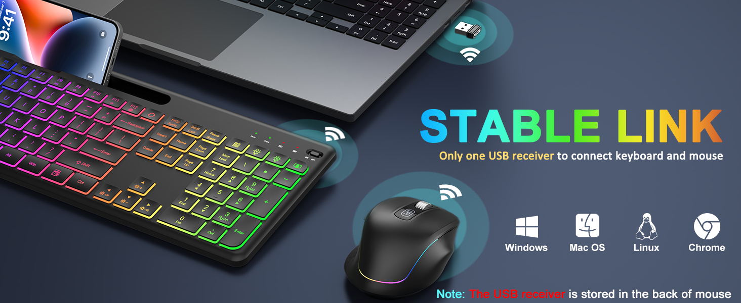 Wireless Keyboard and Mouse Combo -10 Colored Backlits, Phone Holder