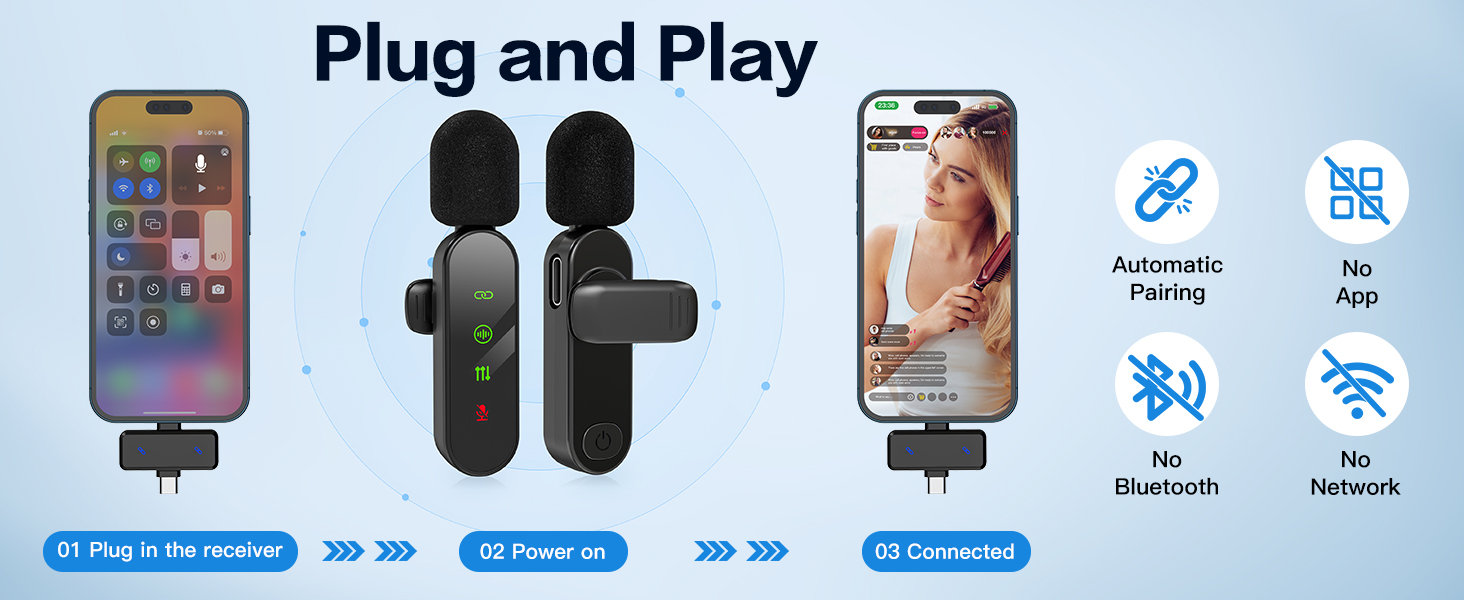 ZealSound Mini Microphone for iPhone with LED Display,Wireless Lavalier Mic with USB-C/Lightning/USB