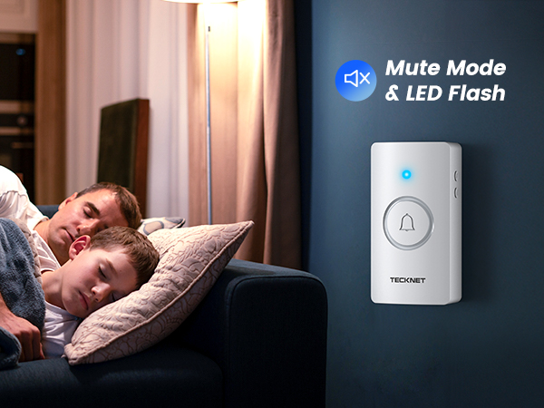 White doorbell device with blue LED light and mute mode feature. Split image shows sleeping child and parent, highlighting quiet operation.
