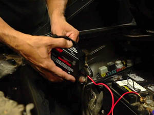 Car battery charger with reverse polarity protection, which prevents damage if clamps are reversed.