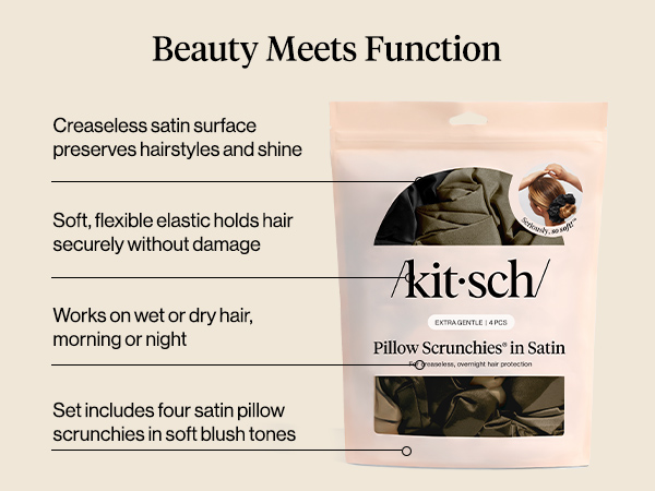 Kitsch Pillow Satin Scrunchies for Women Black, 4pcs