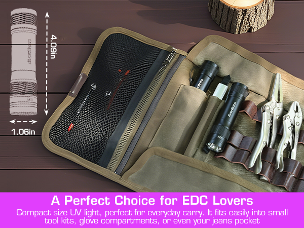 Compact size UV light, perfect for everyday carry. It fits into small tool kits, or even pocket