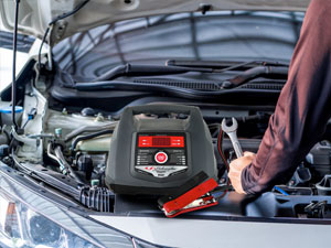 Car battery charger quickly checks alternator and battery health for easy diagnostics.