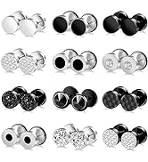 ONESING 12 Pairs Faux Gauge Earrings for Men Black Stud Earrings Silver Mens Earrings Faux Plugs ...