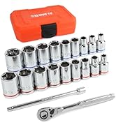 JU JIAN TEC 20-Piece 1/4" Drive Shallow Socket Set, SAE/Metric (3/16"-9/16" &amp; 5mm-13mm) with Ratc...