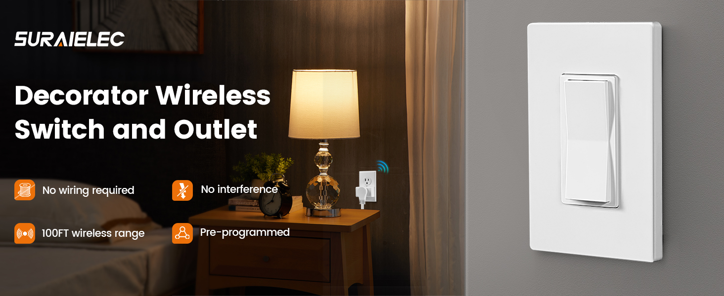 SURAIELEC Wireless Light Switch Remote Control Outlet Decorator Rocker Wall Switch receiver kit
